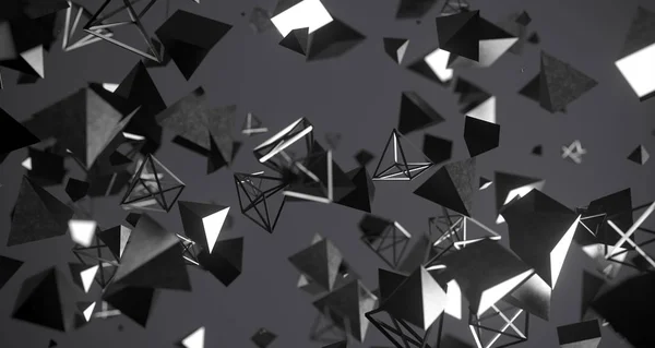 Flying Chaotic Metal Pyramids Sfondo 3D Rendering — Foto Stock