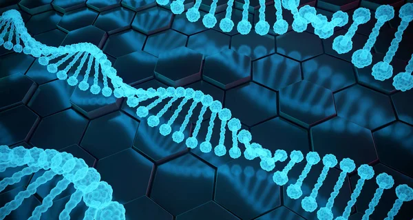 Strutture dettagliate astratte del DNA umano su sfondo esagonale. 3D — Foto Stock