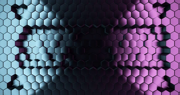 Surface métallique hexagonale abstraite avec des lumières de couleur.Rendu 3D — Photo