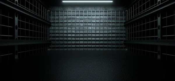 어두운 지하 감방 철조망 이 흰색 LED 조명을 비추고 있다 — 스톡 사진