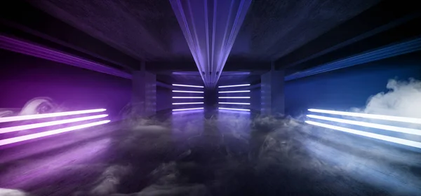 연기가 흐르는 안개 댄스 클럽 네온 무대 광선 이 강렬 한 청색으로 빛난다 — 스톡 사진