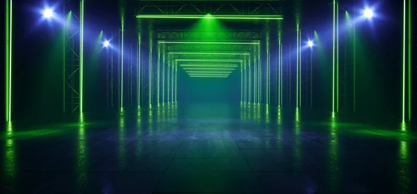 Escenario Láseres de neón Glowing Sci Fi Retro Azul Verde Construcción D —  Fotos de Stock