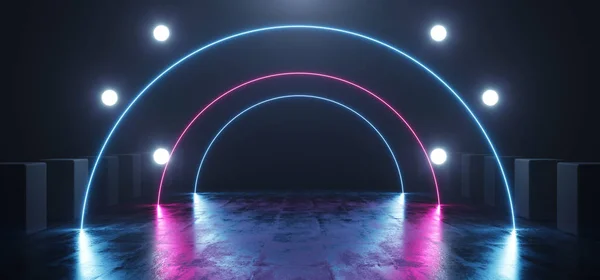 Sci-Fi Neon Arc Hallway Fluorescent Studio Led Lights Dark Garag — Stockfoto