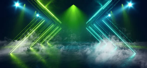 Smoke Fog Sci Fi Neon Green Blue Triangle Retro Glowing Lasers S — стокове фото