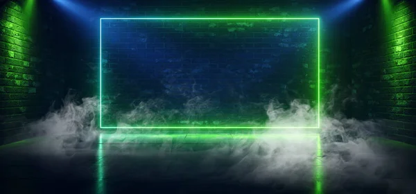 Smoke Fog Sci Fi Neon Green Blue Rectangle Retro Glowing Lasers — Stock Photo, Image