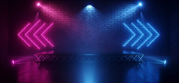 Ponteiros em forma de seta de tubos de laser de néon nebuloso de fumaça no palco Contras — Fotografia de Stock