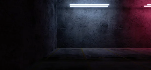 Empty Neon Tube Sci Fi Parking Lot Underground Garage Car Space — 스톡 사진