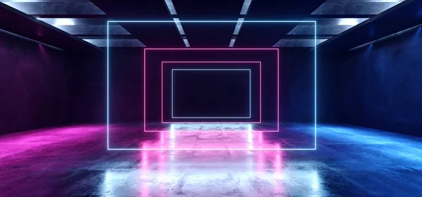 Quadro de retângulos roxos azuis brilhantes do laser do néon do concreto do estágio E — Fotografia de Stock