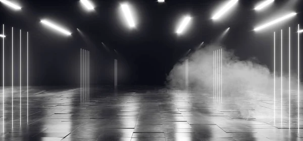 Neon Spotlights Smoke Fog White Cyber Retro Modern Catwalk Studi — 스톡 사진