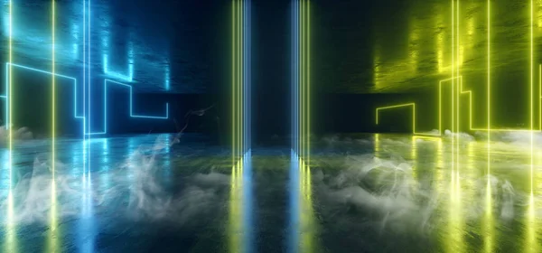 Smoke Fog Neon Lights Lasers Lines Beams Dark Glowing Green Yell — Stok fotoğraf