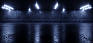 Gelecekçi Neon Led Parlayan Mavi Pantone Karanlık Garaj Şov Salonu