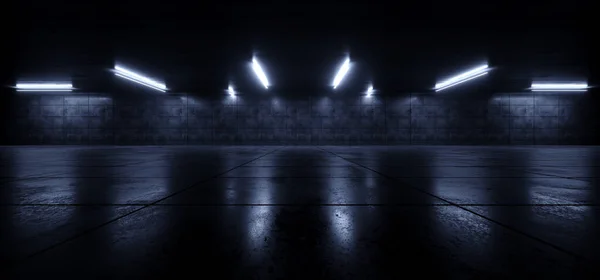 Futurystyczny neon LED świecący niebieski Pantone Ciemny garaż Showroom Ca — Zdjęcie stockowe