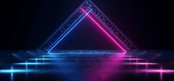 Neonowy świecący trójkąt Fioletowy Niebieski Metalowy Konstrukcja Beton Tu — Zdjęcie stockowe