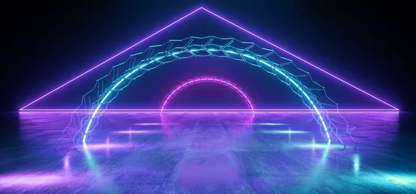 Neon glödande triangel lila blå metall konstruktion betong Tu — Stockfoto
