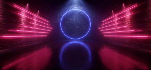 Cyberpunk Neon Laser Cyber Sci Fi Circle Lights Glowing Brick Wa — Stok fotoğraf