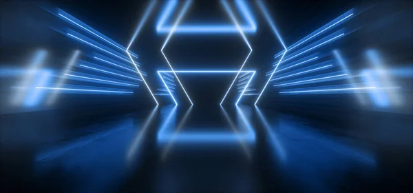 Neon Cyber Spaceship Vibrant Laser Triangle Podium Blue Fluoresc — ストック写真