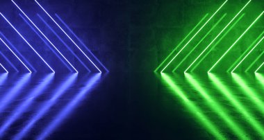 Mor ve Mavi Neon üçgen ışıklar beton yansımaları ile bilim-kurgu fütüristik karanlık oda. 3D render illüstrasyon