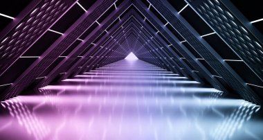 Soyut gerçekçi üçgen Sci-Fi koridor ışıklı kılavuz fileli 3D render