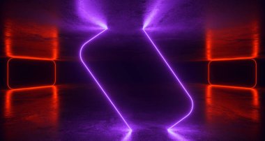 Metin için farklı parlak Neon ışıkları ve yansımaları boşluk futuristik Sci Fi beton Oda Soyut 3d render illüstrasyon