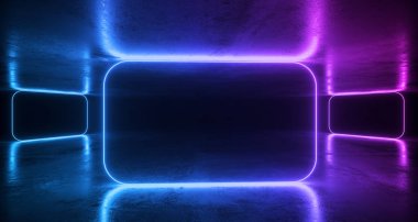Metin için farklı parlak Neon ışıkları ve yansımaları boşluk futuristik Sci Fi beton Oda Soyut 3d render illüstrasyon