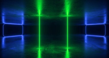 Metin için farklı parlak Neon ışıkları ve yansımaları boşluk futuristik Sci Fi beton Oda Soyut 3d render illüstrasyon