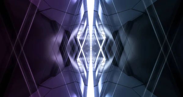 Futuriste Sci Long Dark Triangle Corridor Plancher Hexagonal Murs Réfléchissants — Photo