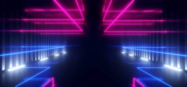 Sci Fi Neon Lazer Hatları Parlayan Bilim Kurgu Fütüristik Mor Mor Mavi Vibrant Sanal Uzay Gemisi Tünel Koridoru Karanlık Gece Showroom Koridoru Koridoru Yeraltı 3D Resim Hazırlama