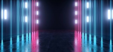 Sci Fi Neon Lazer Hatları Parlayan Bilim Kurgu Fütüristik Mor Mor Mavi Vibrant Sanal Uzay Gemisi Tünel Koridoru Karanlık Gece Showroom Koridoru Koridoru Yeraltı 3D Resim Hazırlama