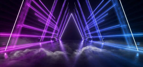 Neon Neblina Fumaça Triângulo Cibernético Azul Roxo Brilhante Túnel Escuro — Fotografia de Stock