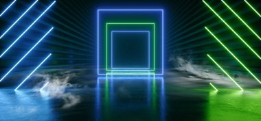 Neon Parlayan Duman Sisi Kurgu Fütüristik Dikdörtgen Yapı Işıklar Mavi Sahne Çemberi Siber Beton Tünel Stüdyosu Karanlık 3D Resim