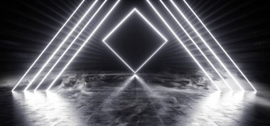 Duman Üçgeni Sütunlar Neon Lazer Beyaz Parlak Elektrik Flüoresan Karanlık Tünel Bilim Kurgu Fütüristik Koridor Garaj Beton Çamur 3D Çizim Çizimi