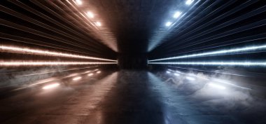 Smoke Neon Led Sci Fi Futuristic Orange Classic Pantone Mavi Parlak Çizgili Metal Uzaylı Showroom Hall of ground Cyber 3d Resim
