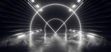 Smoke Neon Led Sci Fi Futuristik Beyaz Parlak Üçgen Beton Metal Uzaylı Uzay Gemisi Showroom Koridoru Yeraltı Siber 3d Görüntüleme