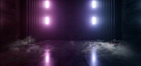 Smoke Fog Stage Podium Neon Led Laser Beams Glowing Vibrant Purple Classic Pantone Blue Garage Showroom Concrete Dark Club Cyber 3D Rendering Illustration