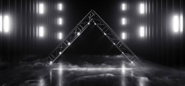 Sci Fi Neon Arc Parlak Lazer Klasiği Mavi Mor Geleceğe Dönük Showroom Salon Stüdyosu Sahne Sahnesi Koridoru Beton Duman Dumanı Kara Gece Kulübü 3d Resim Hazırlama