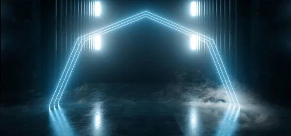 Sfネオンアーク光るレーザークラシックパントンブルー未来派ショールーム廊下スタジオステージ表彰台キャットウォークコンクリート煙霧の暗い夜クラブ3Dレンダリングイラスト — ストック写真