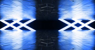 Fütürist Modern Bilim-Kurgu Yeraltı Garajı Parlak Beton Yüzeyde Parlayan Neon Lazerler Klasik Pantone Elektronik Renkler 3D Renklendirme