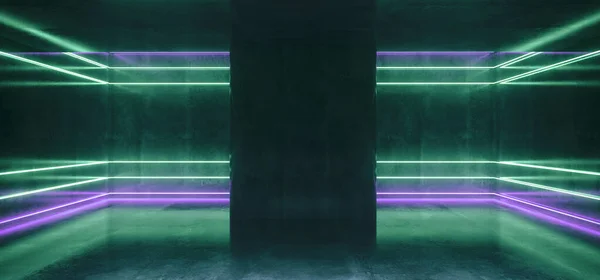 Sci Futuristische Moderne Concreet Kamer Met Gloeiende Paarse Blauwe Neonbuizen — Stockfoto