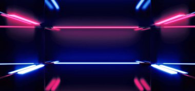 Gelecekçi Bilimsel Bilimler-FI Boş Koyu Yansıtıcı Modern Sahne Odası Mavi Parlayan Neon Işıkları Duvar Kağıdı Arkaplan 3D Resim Çizimi