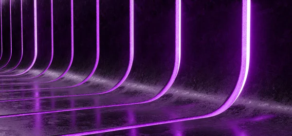 Modern Futuristic Sci-Fi Curved Dark Reflective Concrete Violet Purple Led Lights Technology Concept Background Wallpaper 3D Rendering Illustration
