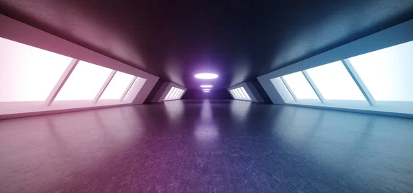 Futurystyczny Nowoczesny Duży Ciemny Pusty Hall Refleksji Duże Świecące Fioletowe — Zdjęcie stockowe