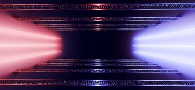 Sci-Fi fütüristik Retro Modern Metal sahne yapıları boş alanı ve mor ve mavi Aydınlatma kanalları parlak Neon ile arka plan 3d render illüstrasyon