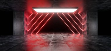 Modern Fütürist Yeraltı Yansıtıcı Beton Garaj Kırmızı Beyaz Parlayan Işıklar Arkaplan 3d Resim Çizimi