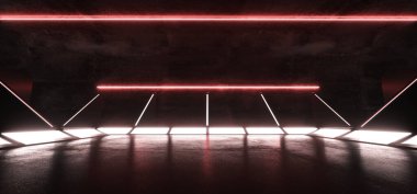 Fütürist Modern Bilim Kurgu Karanlık Uzay Gemisi Tüneli Koridoru Kırmızı Turuncu Parlayan Işıklar ve Mavi Mor Neon Tüpler Teknolojisi Yansımaları 3d Görüntü