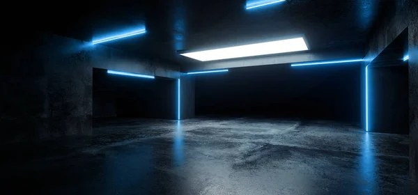 Bilimkurgu Modern Grunge Beton Yeraltı Tüneli Koridoru Yansımalı Mavi Neon Parlak Metro Işıkları 3D Görüntü
