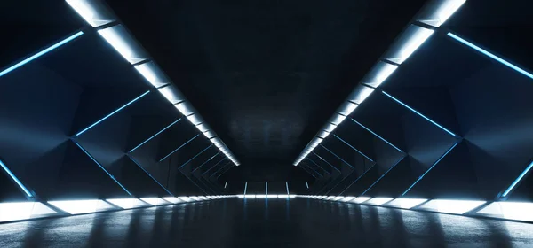 Empty Elegant Spaceship Modern Sci Fi Futuristic Long Dark Grunge Concrete Corridor With Blue Bright Lights Cyber Virtual  Background 3D Rendering Illustration
