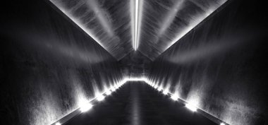 Modern Bilim Kurgu Geleceği Uzaylı Gemisi Pentagon Koridoru Beyaz Tünel Yeraltı Sanal Garajı Neon ve Led Parlayan Işıklar Boş Alan Arkaplan 3D Görüntü