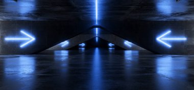 Boş Koyu Grunge Beton Eski Bilim Kurgu Modern Fütürist Yeraltı Tüneli ile Neon Oku Mavi Siber Pantone Klasik Işıklar 3d Görüntü