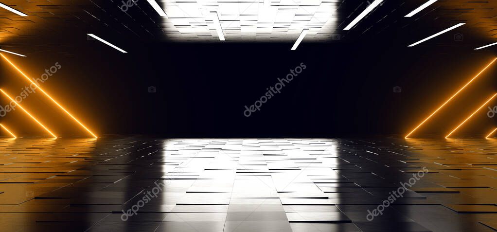 Elegant Futuristic Sci Fi Modern Dark Empty Room With Tiled Metal Floor Roof With Led Lights Orange White Neon Glowing Light Tubes 3D Rendering Illustration