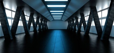 Bilimkurgu Geleceği Parlak Yabancılaştırma Modern Yansıtıcı Koridor Beton döşemeli ve Beton Büyük Sütunlu Boş Tünel Mavi Işıklar Teknoloji Arkaplanı 3d Görüntü Görüntüleme